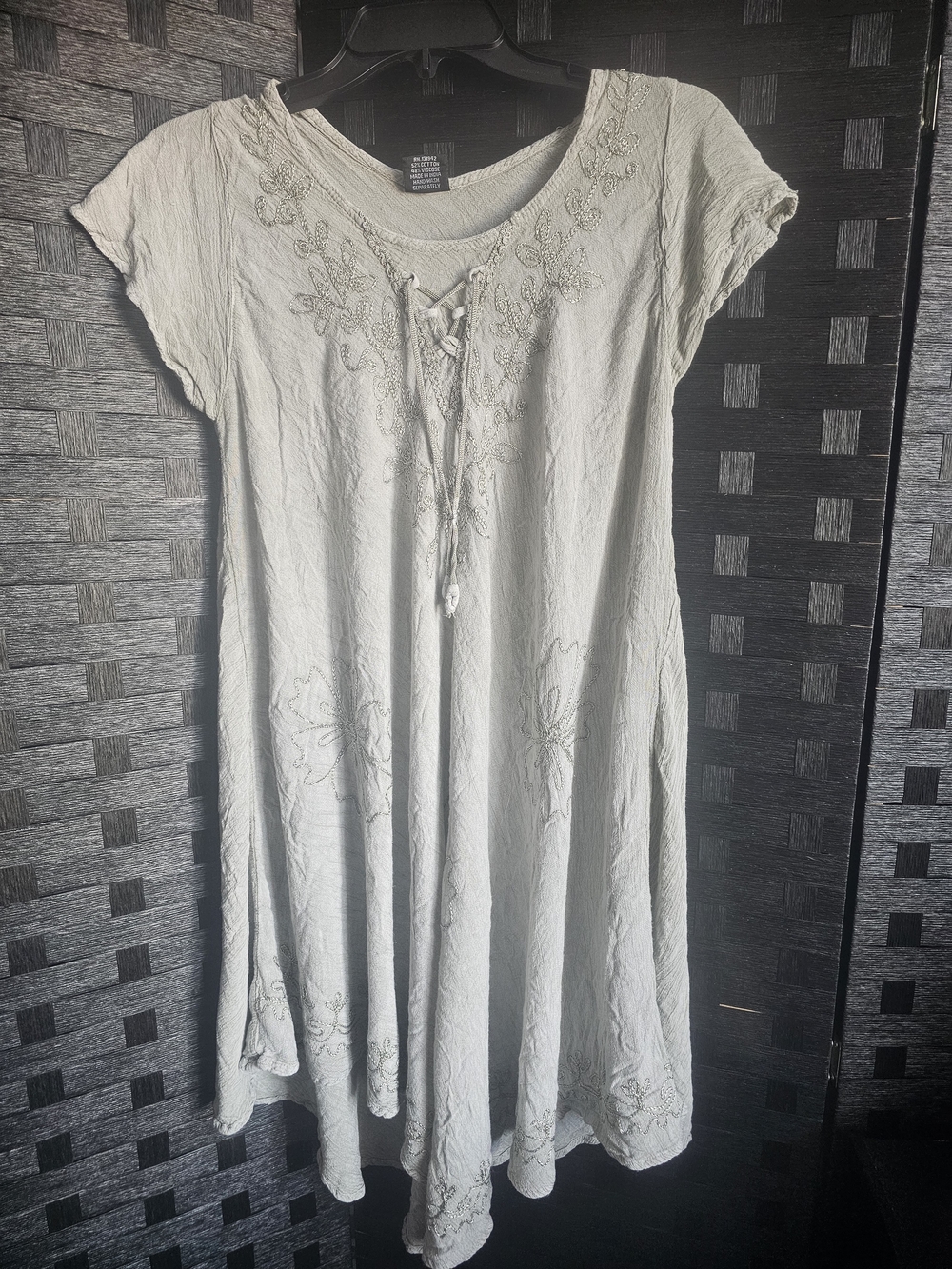 Light Gray Lace-Up Embroidered Women’s Tunic Dress